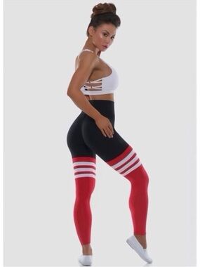 Bombshell Sportswear Black and Red High-Waist Leggings with White Stripe Detail